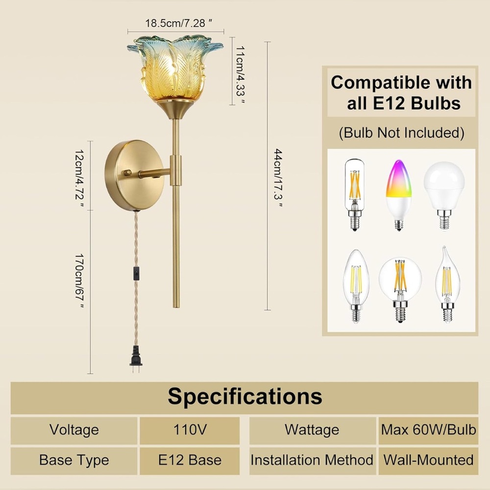 Gold Wall Sconces with Modern Flower Glass Shades - Plugin (set of 2) - Picture 3 of 7